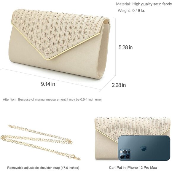 ⚡ Women's Evening Rhinestones Envelope Style Chain Strap Tan Clutch Handbag - Picture 6 of 6